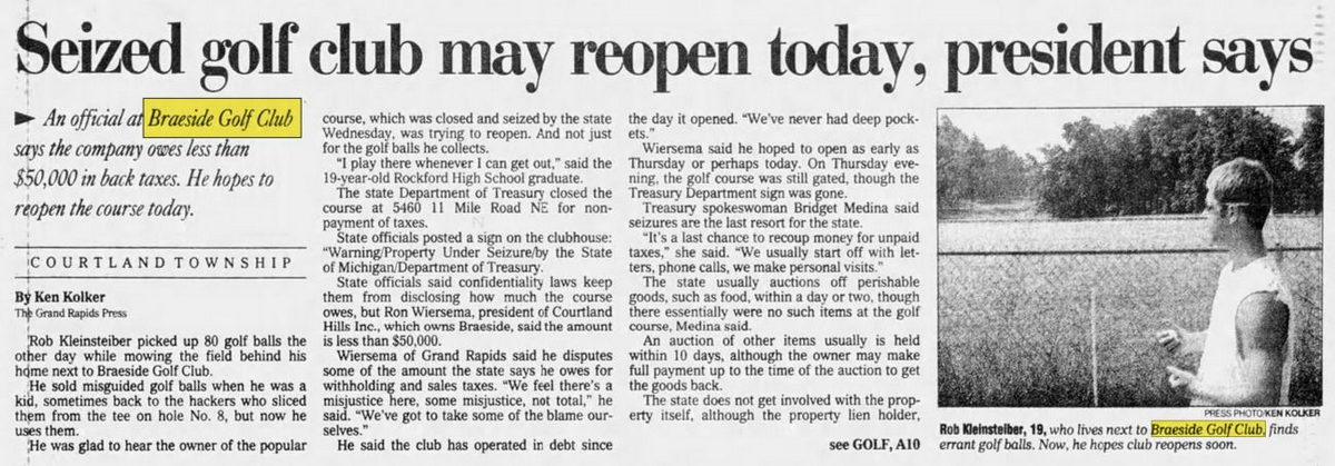 Braeside Golf Club - Jul 20 2001 Article On Tax Issue